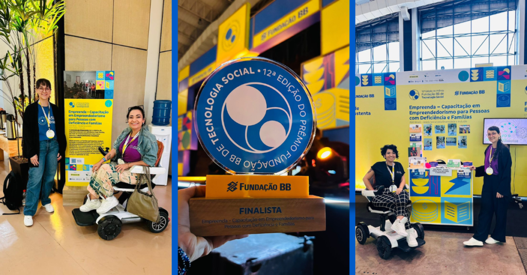 Amanda Lyra e Mariana Oliveira em duas fotos na frente de um stand.